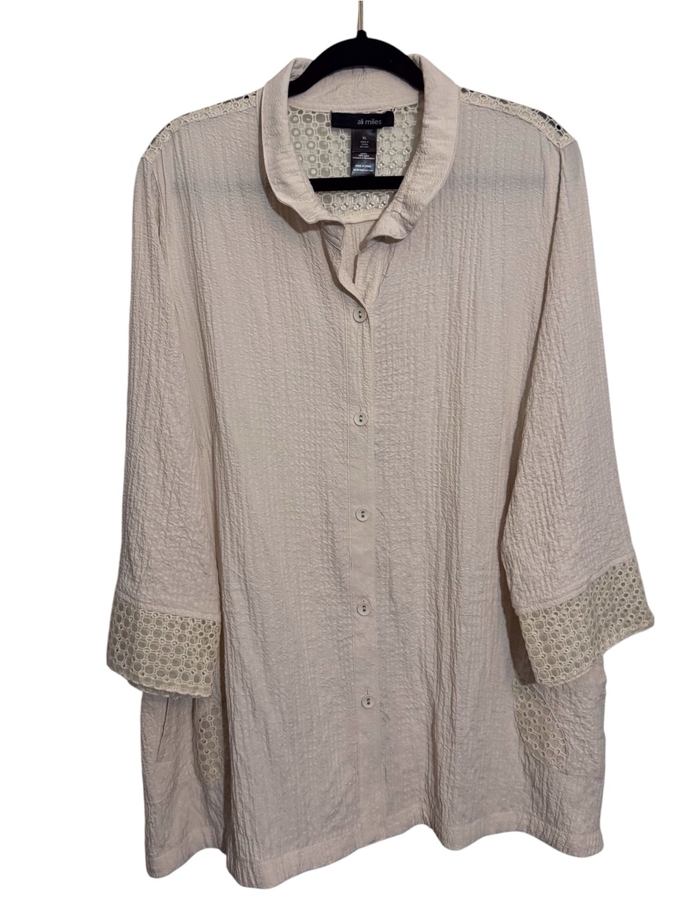 Ali Miles Size X-Large Cream Crinkled Button Up Blouse Boho Lace Top Rayon Tunic